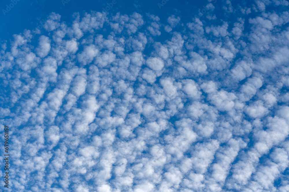 White fluffy clouds on blue sky, altocumulus clouds regular pattern cloudscape White fluffy clouds on blue sky, altocumulus clouds regular pattern cloudscape