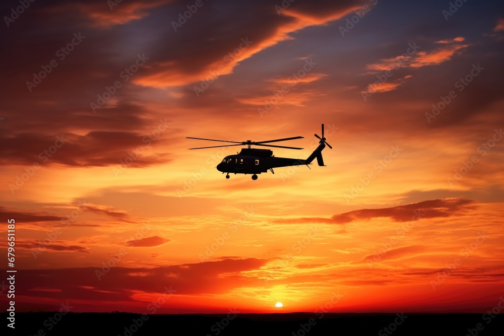 sunset silhouette of a small helicopter in flight