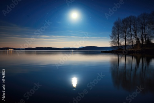glowing full moon over a calm lake