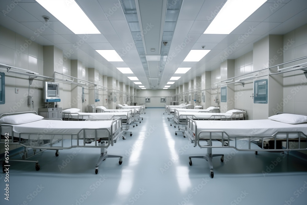 row of hospital beds in a clean ward - obrazy, fototapety, plakaty 