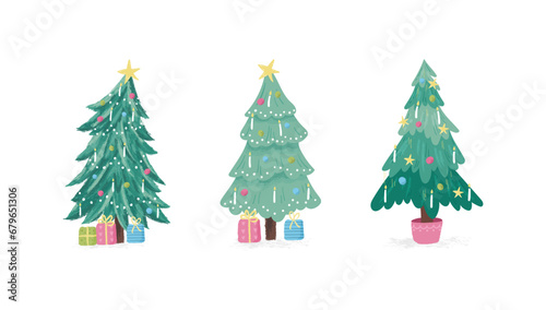 Collection of hand drawn Christmas trees with decoration and candles. Colorful vector illustration.
