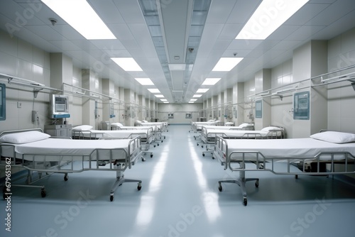 row of hospital beds in a clean ward photo