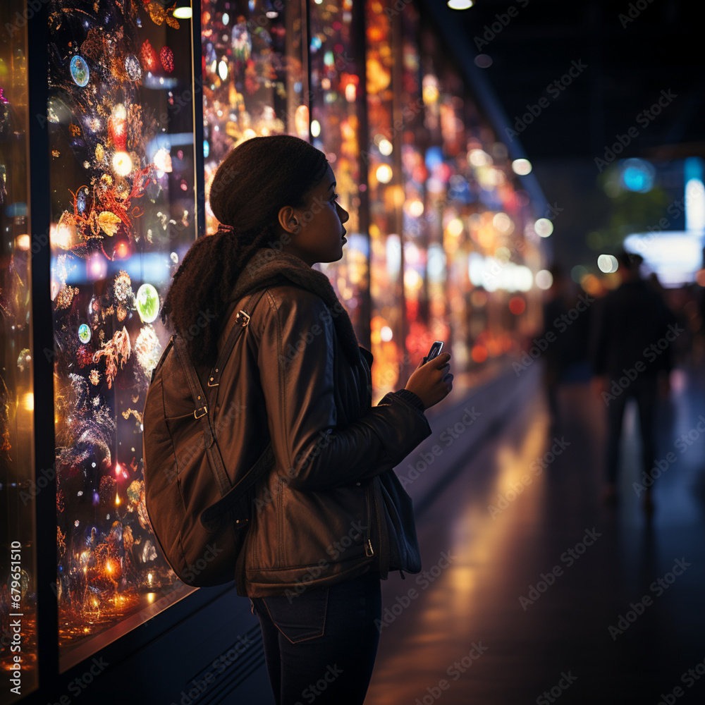 beautiful young woman looking at christmas baubles at night,Generative AI