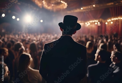 AI generated illustration of a man wearing a top hat in a public area surrounded by a people