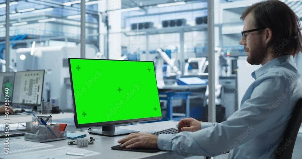 Robotics Engineer Working on a Desktop Computer with Green Screen Chromakey Mock Up Display in a Factory Office. Technological Research and Development Facility with Autonomous Assembly Conveyor Robotics Engineer Working on a Desktop Computer with Green Screen Chromakey Mock Up Display in a Factory Office. Technological Research and Development Facility with Autonomous Assembly Conveyor