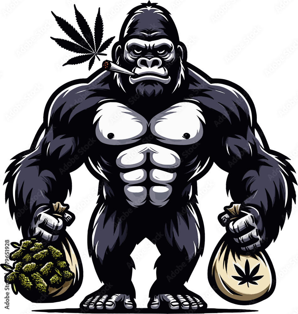 Fototapeta premium Vector Illustration Cannabis Gorilla with Sacks of Marijuana Buds