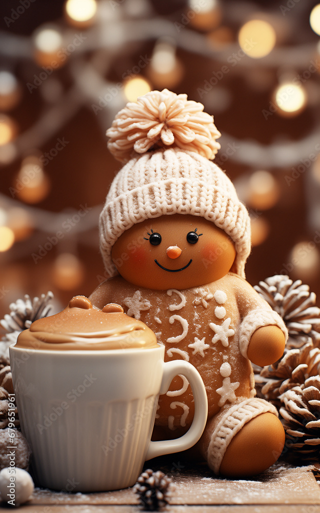 Cute gingerbread man in hat on festive background, ai generated Cute gingerbread man in hat on festive background, ai generated