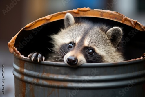 raccoon with its head inside an overturned trash bin