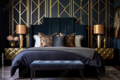 a luxurious bedroom featuring a velvet headboard and bold, geometric wallpaper
