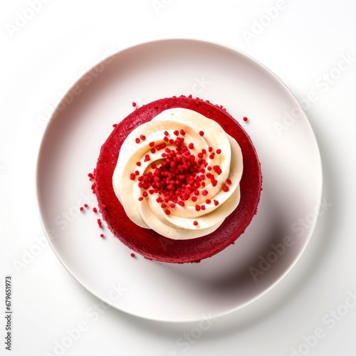 Top view of a whole red velvet cake on white background.