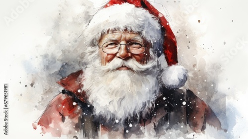 watercolor postcard, portrait of Christmas Santa claus in glasses © mariiaplo