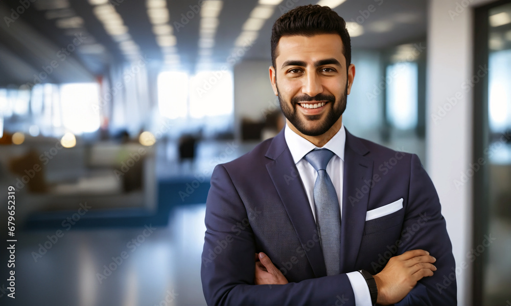 Confident Middle-Eastern businessman in a blue suit standing in an office. Confident Middle-Eastern businessman in a blue suit standing in an office.
