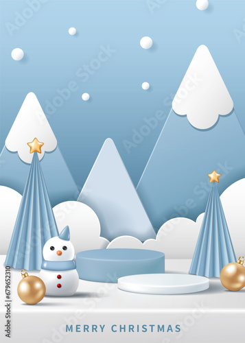 Christmas poster for product demonstration. Blue pedestal or podium with snowman, baubles and Christmas trees on blue background.