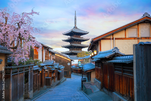 Kyoto, Japan - March 30 2023: The Yasaka Pagoda  known as Tower of Yasaka or Yasaka-no-to. The 5-story pagoda is the last remaining structure of Hokan-ji Temple which is built in the 6th-century