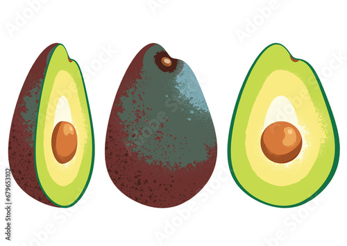 Illustrated avocado sliced whole graphic icon isolated on a white background