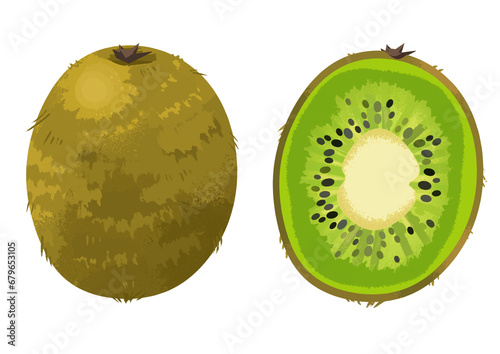 Illustrated kiwi fruit sliced whole graphic icon isolated on a white background