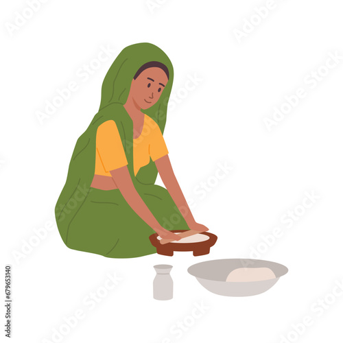 Indian rural woman cooking food with traditional way of baking flatbread, rolls out the dough, Asian housewife vector
