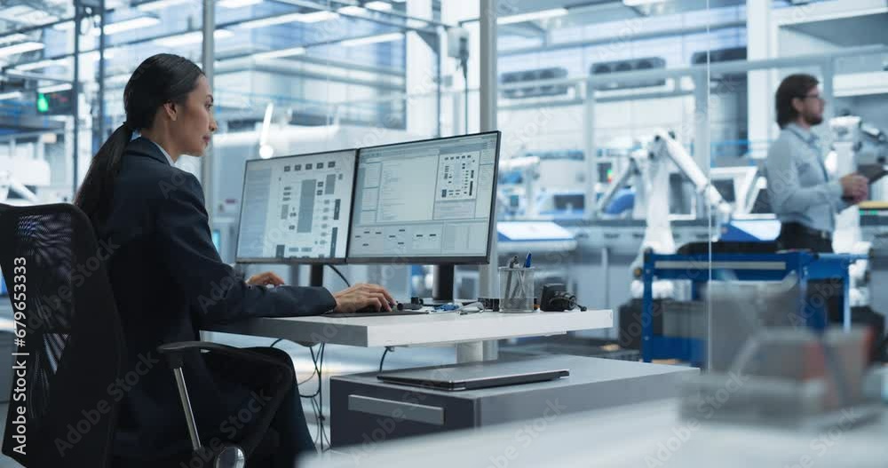 Asian Software Developer Managing a Cloud Computing Neural System on a Desktop Computer. Female Working in a Modern Technological Facility with an Automated Production Line with Robotic Arms Asian Software Developer Managing a Cloud Computing Neural System on a Desktop Computer. Female Working in a Modern Technological Facility with an Automated Production Line with Robotic Arms