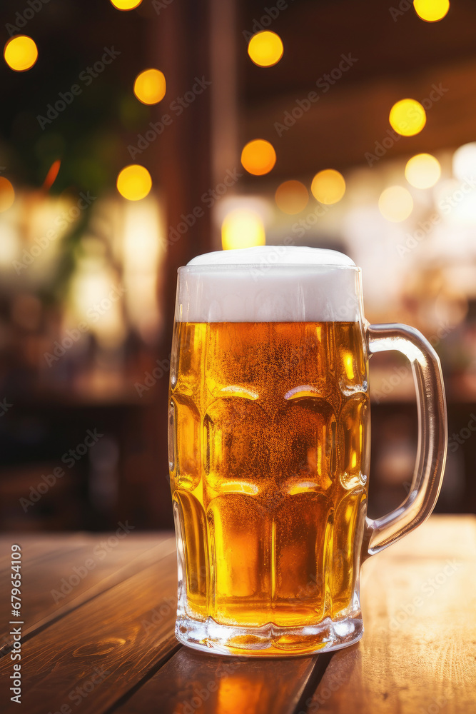 mug of beer on table with blurred pub on the background