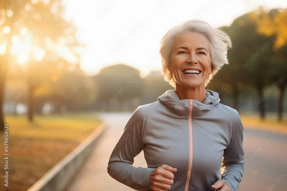 Fototapeta premium happy senior woman on morning run in autumn park