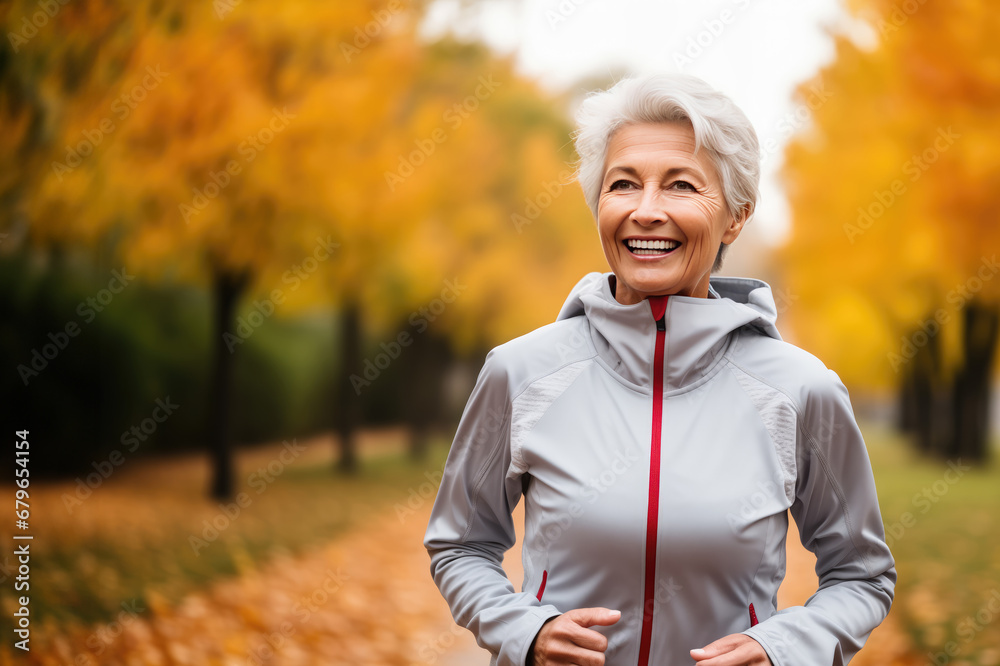 smiling senior woman in sportswear on morning run in autumn park smiling senior woman in sportswear on morning run in autumn park