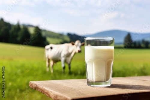 glass of milk on table with grazing cow on the meadow as background