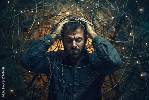 sad man stands in web of internet wires his hands on head. Concept of social media addiction