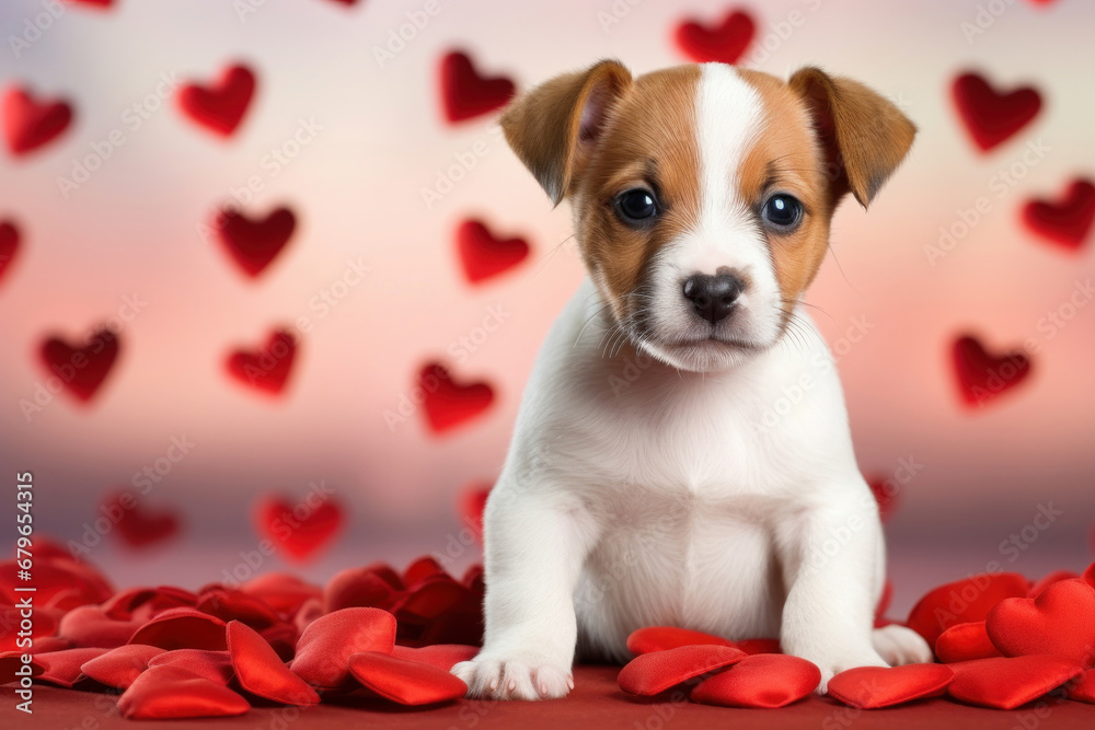 cute puppy with red hearts on the background cute puppy with red hearts on the background