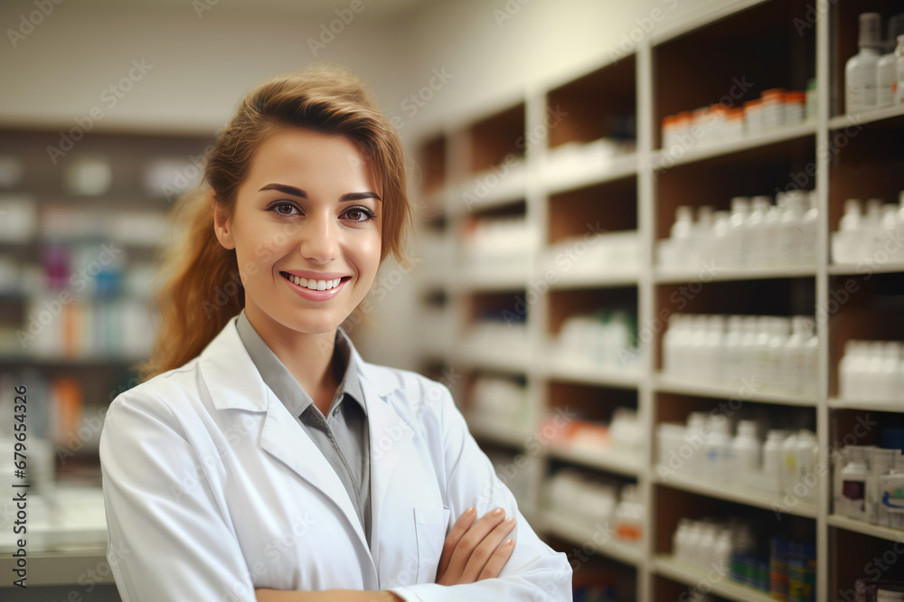 portrait of smiling female pharmacist in drugstore