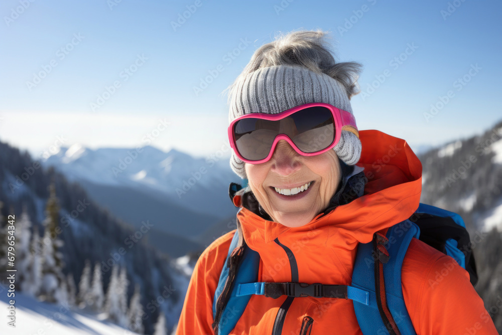portrait of smiling senior woman in winter sports clothing and ski glasses with snow covered mountains on the background