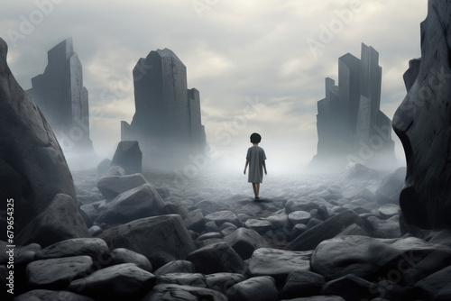 unhappy boy alone among the stones in the fog. Concept of loneliness and depression in big city