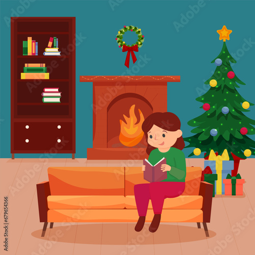 cute girl is sitting on the sofa with a book. Christmas interior. Christmas fairy tales and stories. Vector illustration