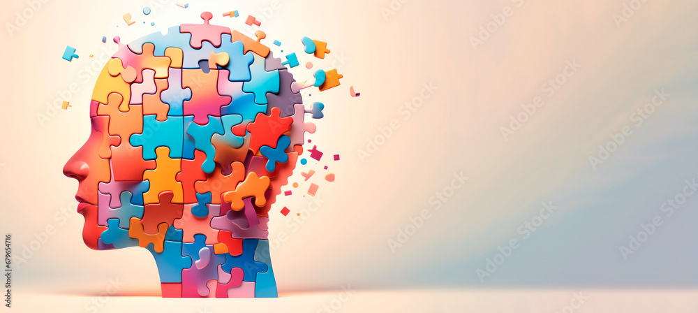 Illustration banner design of human profile made of colorful puzzle pieces. Knowledge and logic concept. Header with connecting jigsaw puzzle pieces with copy space. - obrazy, fototapety, plakaty 