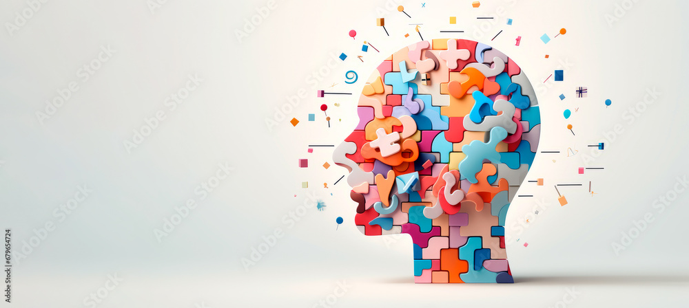 Illustration banner design of human profile made of colorful puzzle pieces. Knowledge and logic concept. Header with connecting jigsaw puzzle pieces with copy space. - obrazy, fototapety, plakaty 