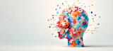 Illustration banner design of human profile made of colorful puzzle pieces. Knowledge and logic concept. Header with connecting jigsaw puzzle pieces with copy space.
