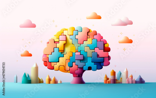 Illustration banner design of human profile made of colorful puzzle pieces. Knowledge and logic concept. Header with connecting jigsaw puzzle pieces with copy space. #679654733