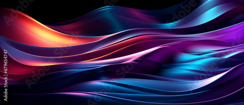 3D futuristic render of neon waves in dark purple, red and golden tones. Wallpaper header for business technology presentation concept.
