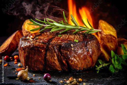 Grilled beef steak with rosemary and spices on a black background