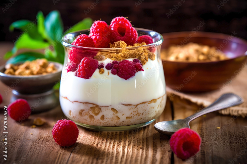 Greek yogurt with fresh raspberries and granola in a glass. The concept of proper nutrition.