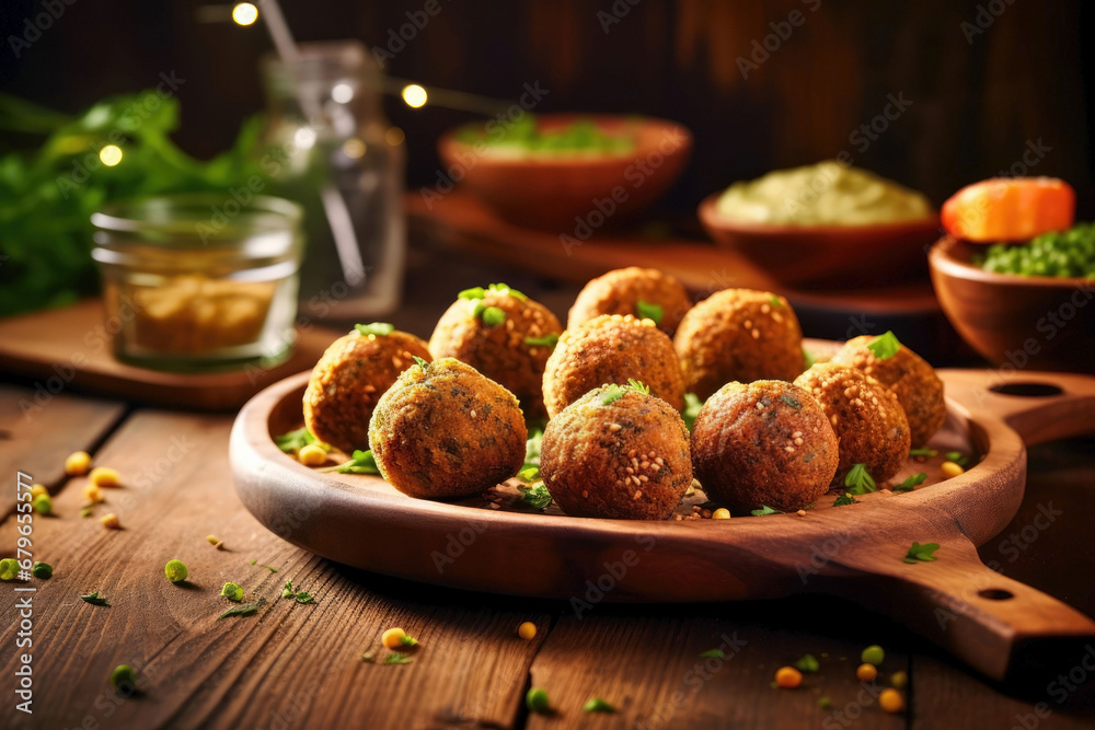 Fried falafel balls with parsley on a wooden board - obrazy, fototapety, plakaty 