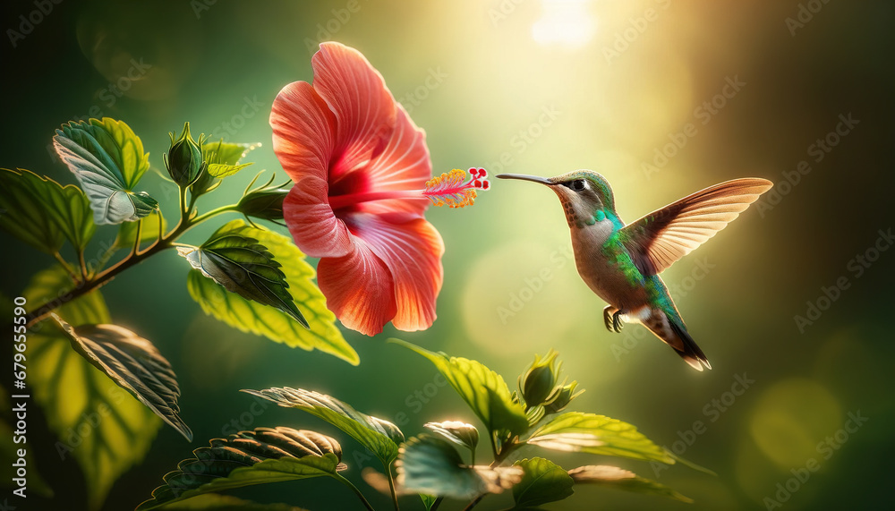 Fototapeta premium Enchanting Hummingbird Hovering by a Radiant Hibiscus: A Serene Moment in a Lush Garden Bathed in the Golden Glow of Natural Sunlight