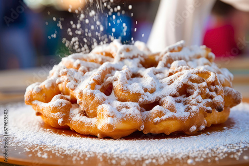 Sweet fried funnel cake fried dough with powdered sugar on a wooden background. Street food.
