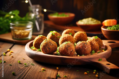 Fried falafel balls with parsley on a wooden board photo