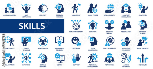 Skills flat icons set. Assertiveness, personality, creativity, empathy, communication, solving, personality icons and more signs. Flat icon collection. photo