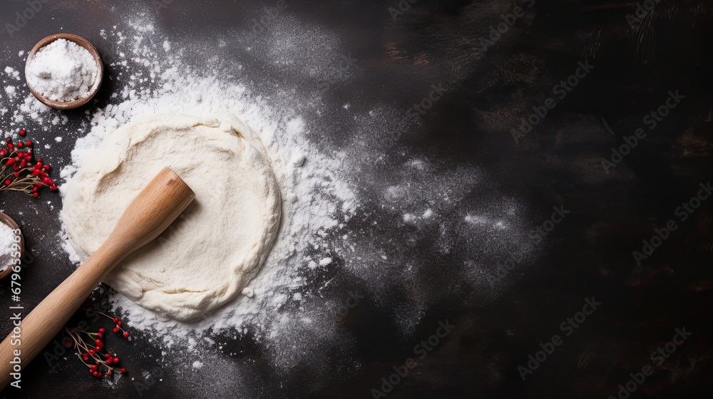 Rolling Pin And white flour on a Dark background Rolling Pin And white flour on a Dark background