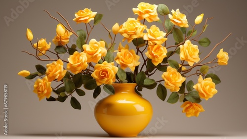 Vase has branchy yellow roses center high resolution Ai generated art