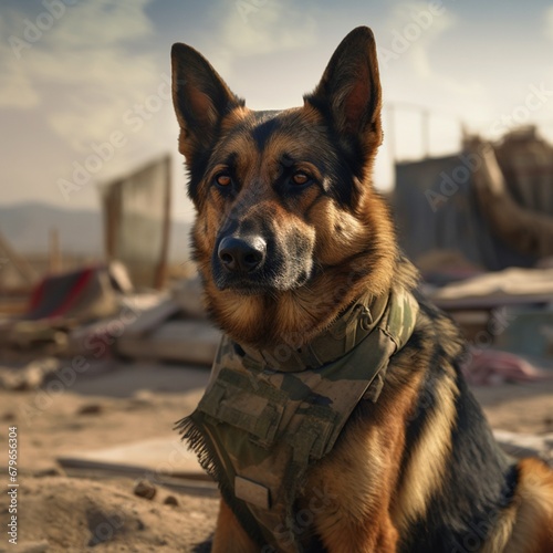 German dog dressed infantry soldier leash illustration image AI generated art