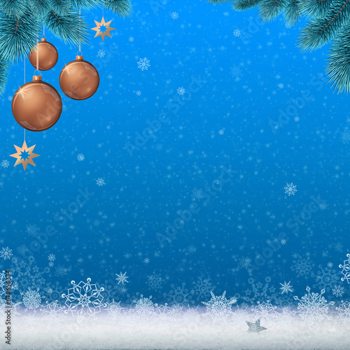 Christmas background with white snow and golden balls isolated on blue.