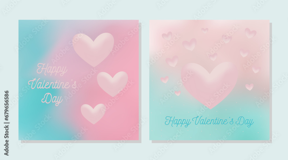 Happy Valentine's day card set with soft hearts and gradient background. Vector romantic collection