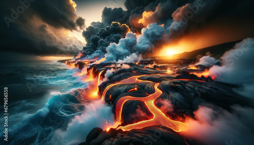 Epic Scene of Island Fiery Volcanic Fury, Luminous Lava Flows Collide Ocean Sea Waters at Sunset or Dusk, Under a Brooding Stormy Sky, Nature's Dramatic Intersection photo